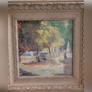 ORIGINAL OIL PAINTING LANDSCAPE PARK SCENE SIGNED 21x21 WASHED WOOD FRAME Park I